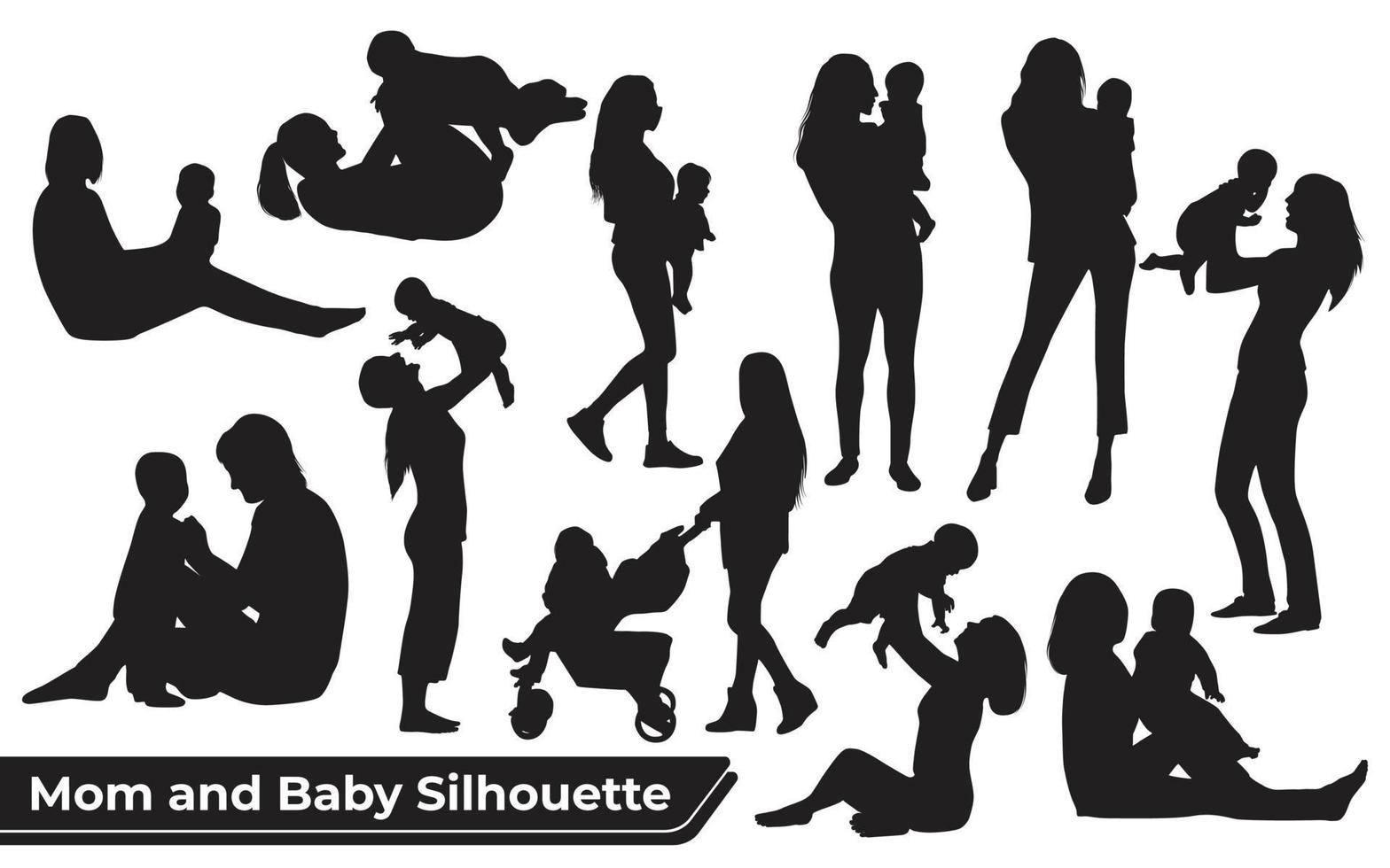 Collection of mom and baby silhouettes in different poses vector