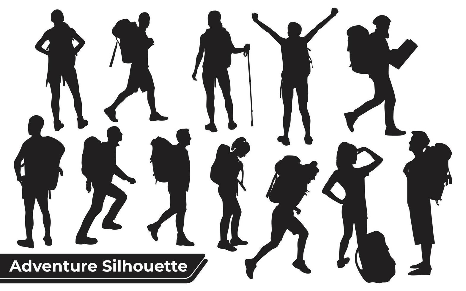 Collection of Hiker in mountains silhouettes in different poses vector
