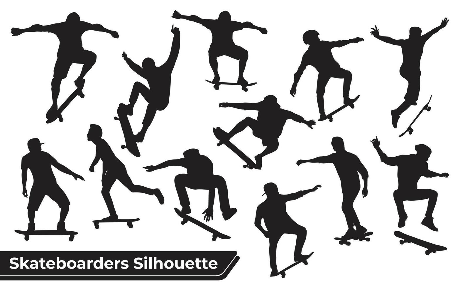 Colección de siluetas negras de patinadores. vector