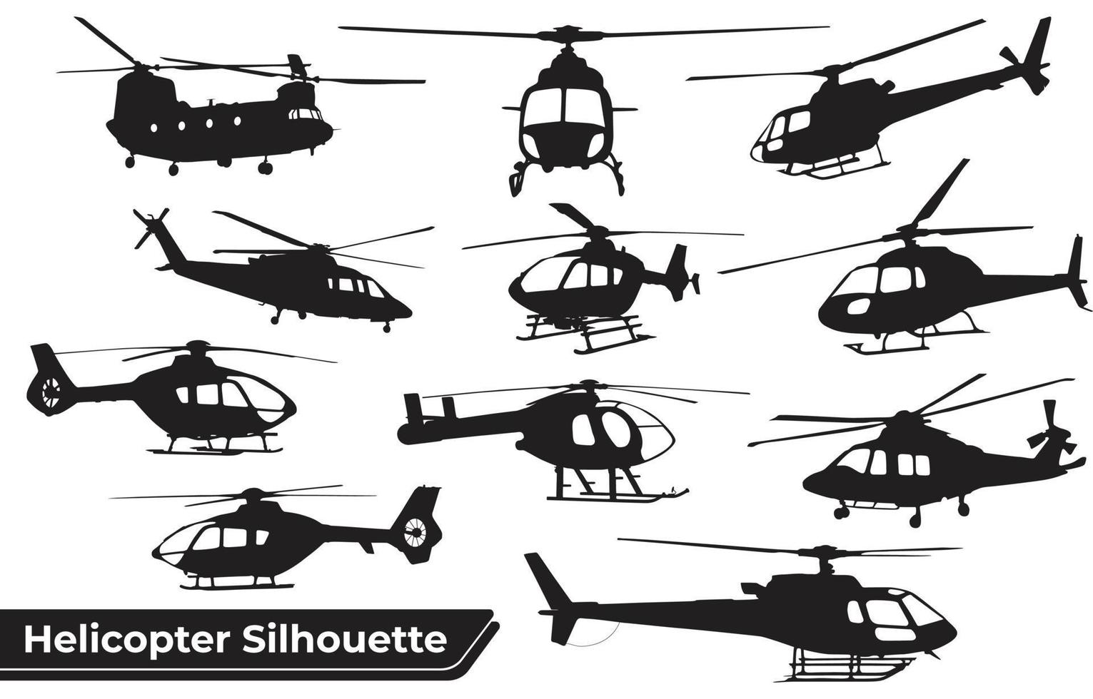 Colección de siluetas de helicópteros en diferentes posiciones. vector