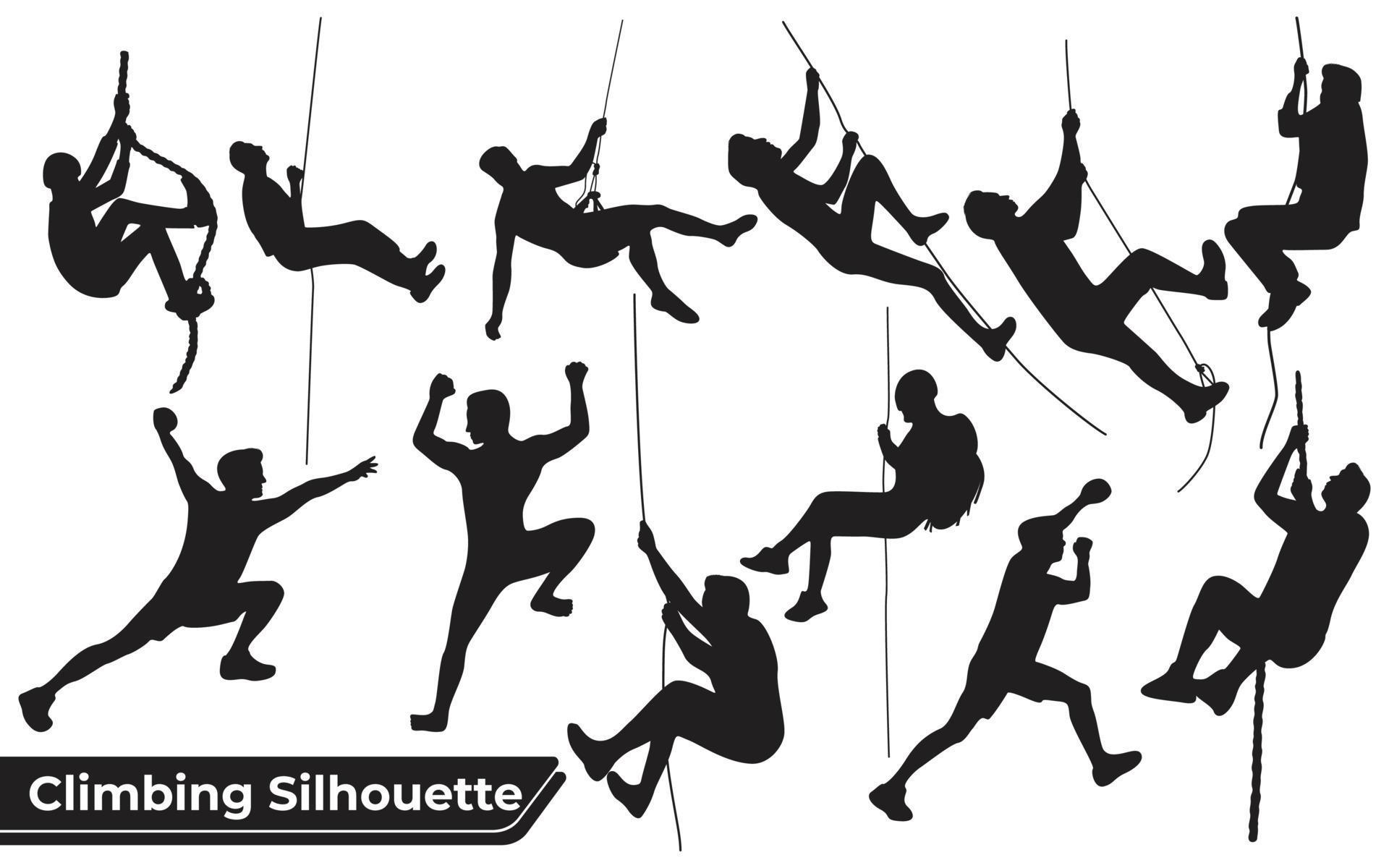 Collection of Climbing in mountains silhouettes in different poses ...