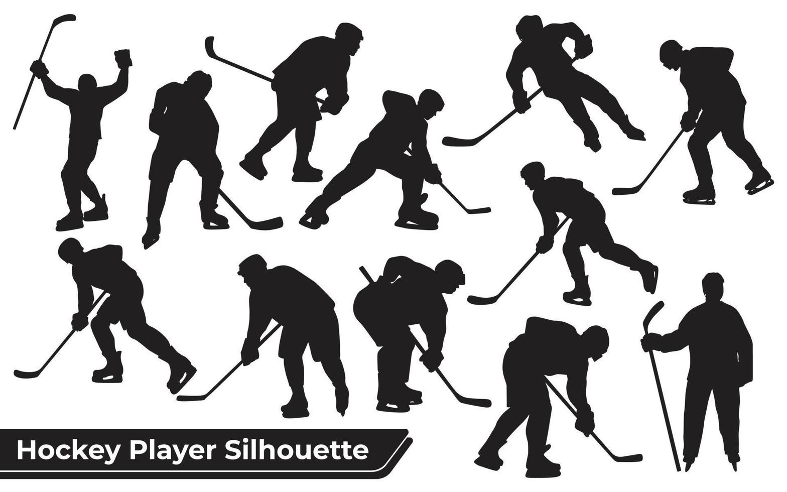 Colección de siluetas de jugadores de hockey en diferentes poses. vector