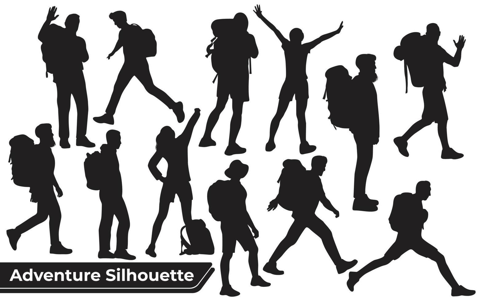 Collection of Hiker in mountains silhouettes in different poses vector