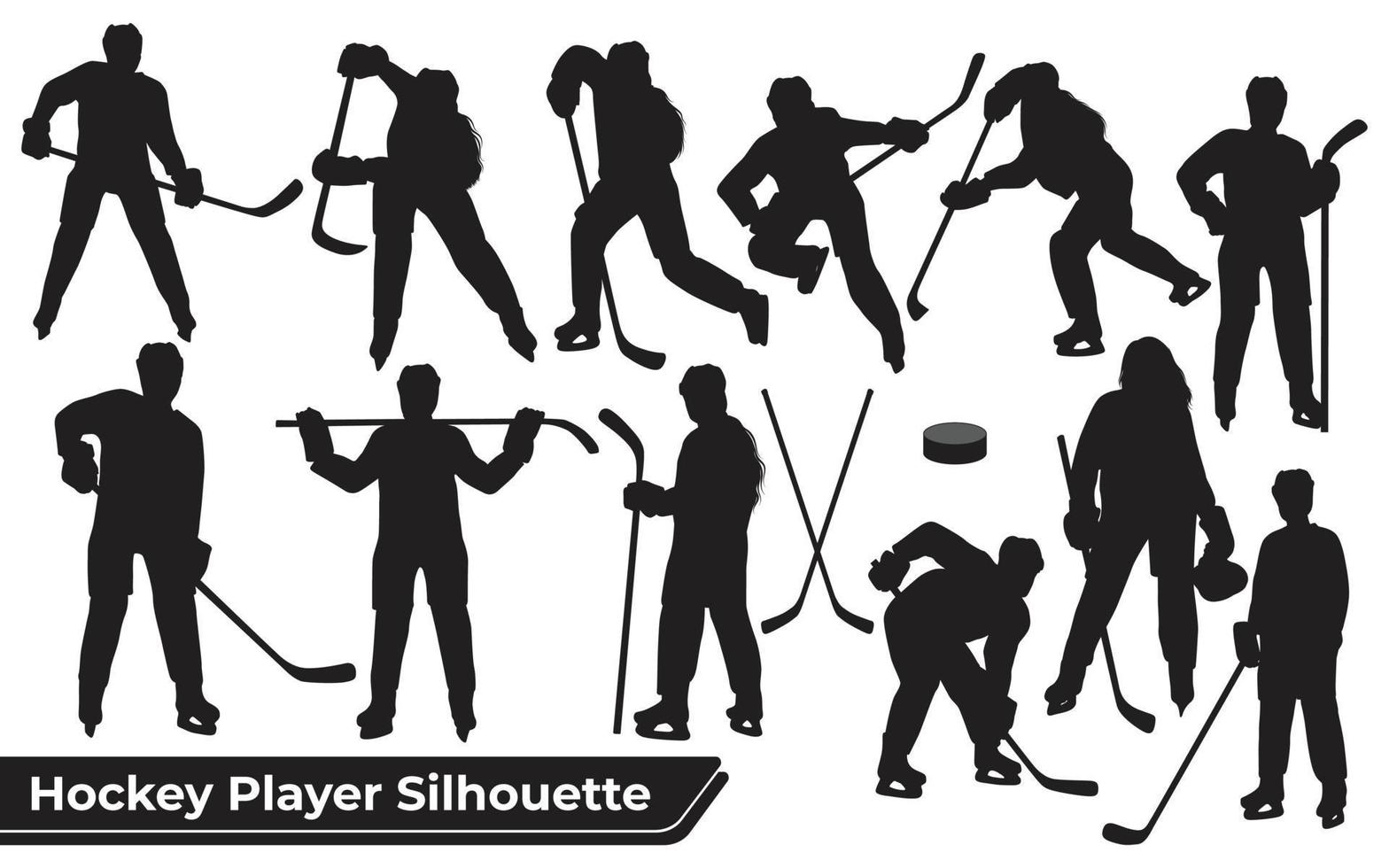 Colección de siluetas de jugadores de hockey en diferentes poses. vector