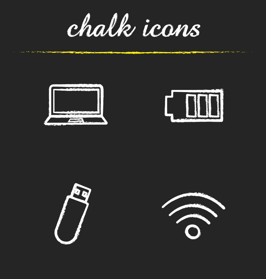 Computer icons set. Laptop, battery charge level, usb flash drive and wi fi signal illustrations. Isolated vector chalkboard drawings