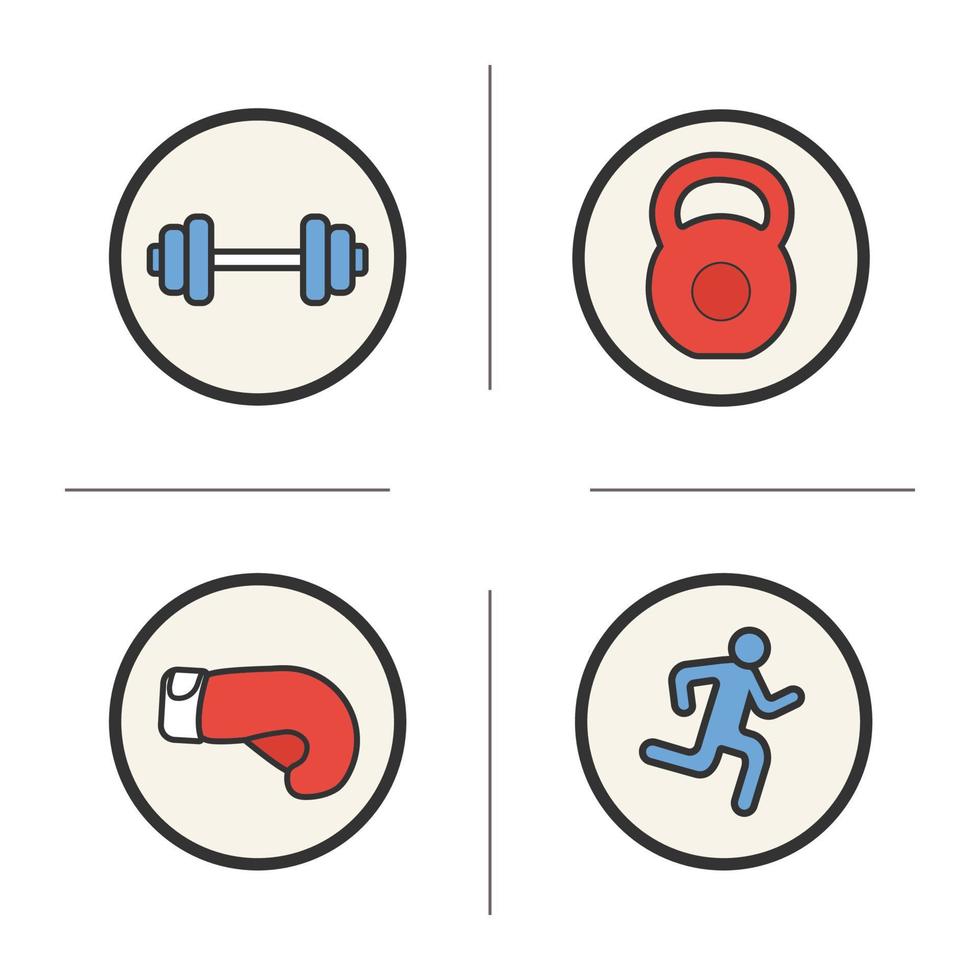 conjunto de iconos de colores deportivos. barra de gimnasia y pesas rusas, hombre corriente y guante de boxeo. ilustraciones vectoriales aisladas vector