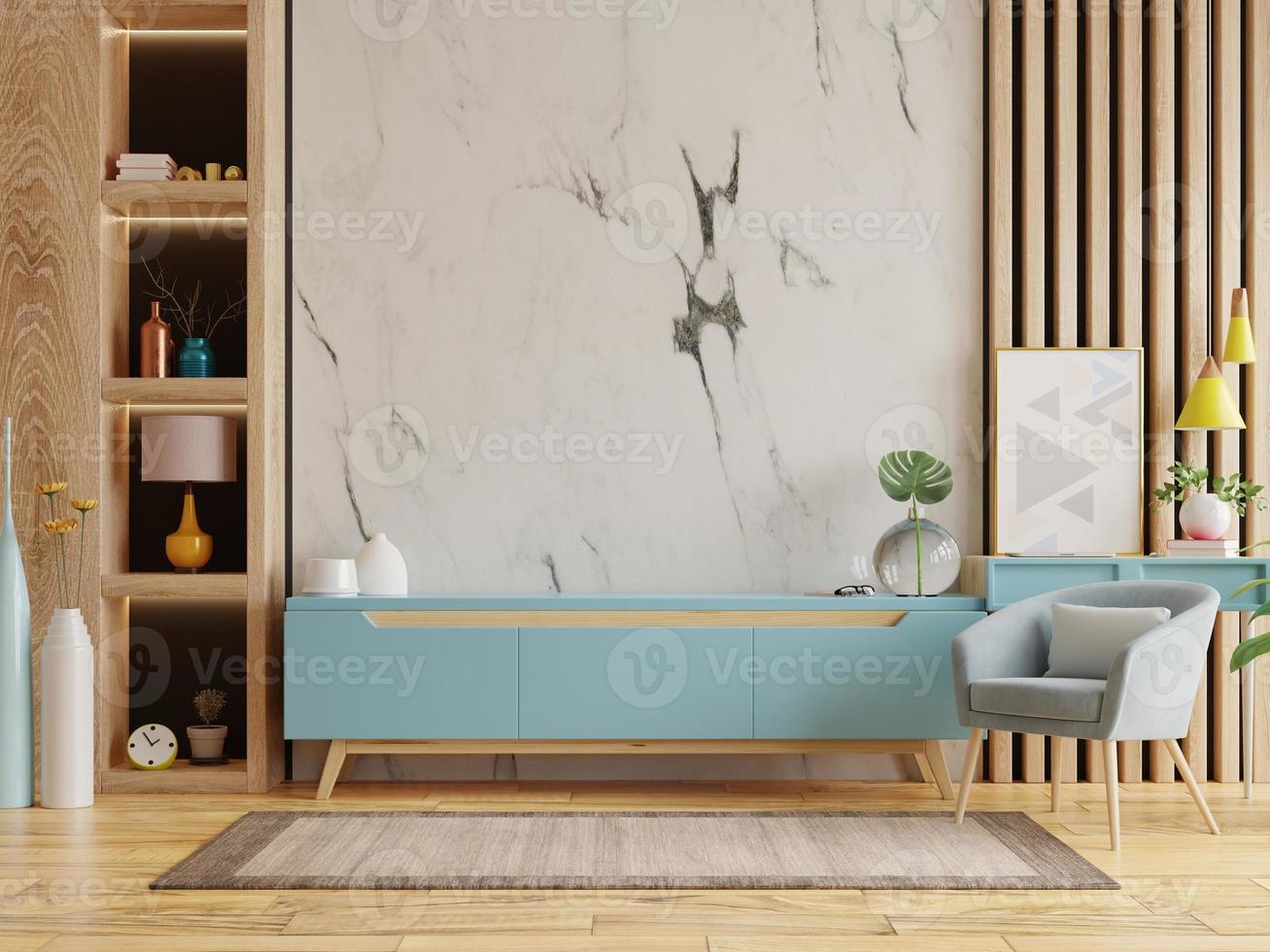 Living room interior with armchair and cabinet for tv on empty marble wall  background. 4637432 Stock Photo at Vecteezy