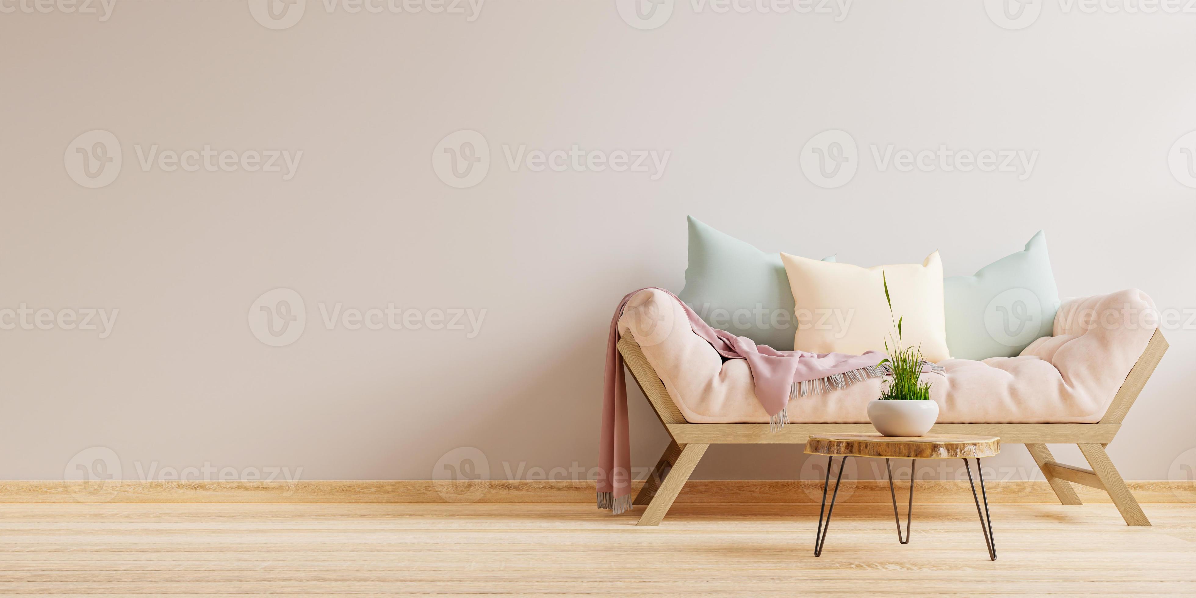 Empty living room with sofa and table on empty white wall background