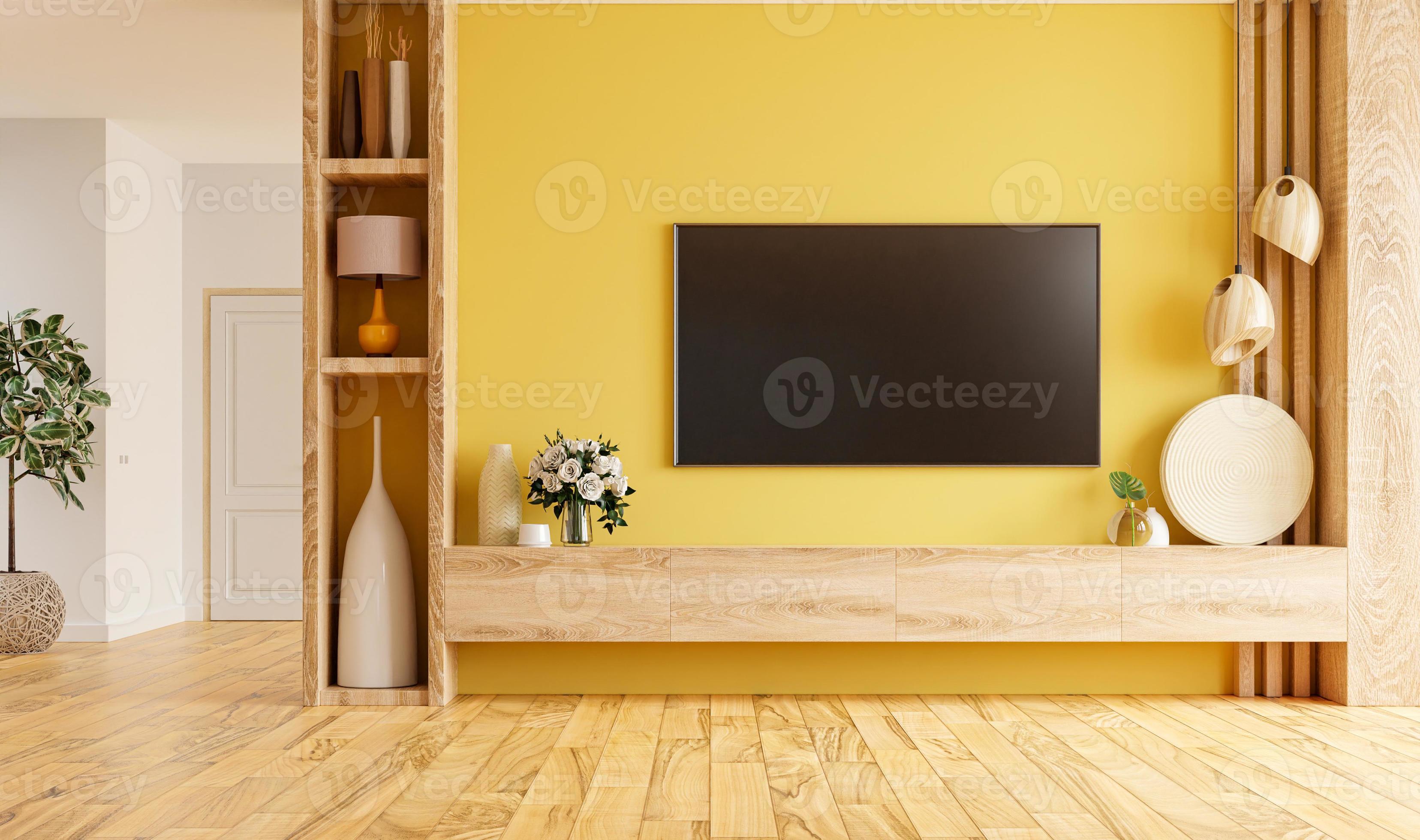 Modern living room interior with shelf for TV on yellow color wall  background. 4637458 Stock Photo at Vecteezy