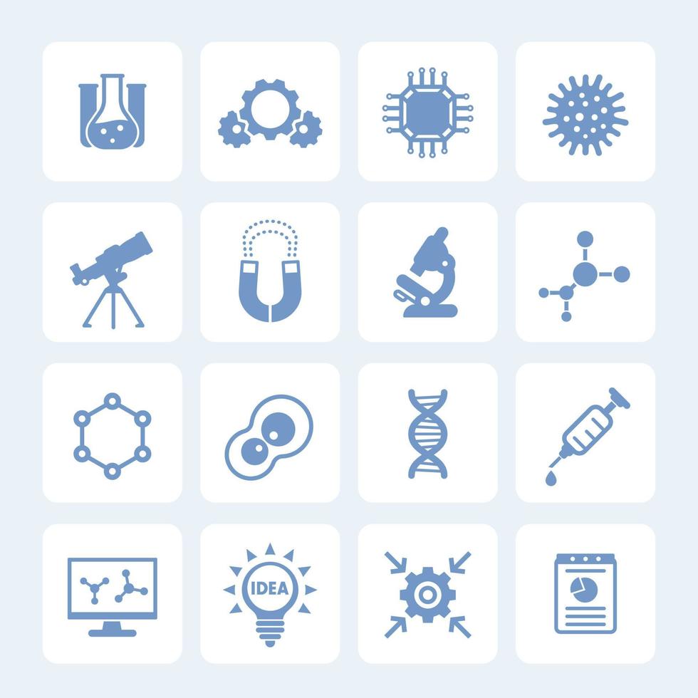 Science, laboratory study and research icons set isolated on white vector