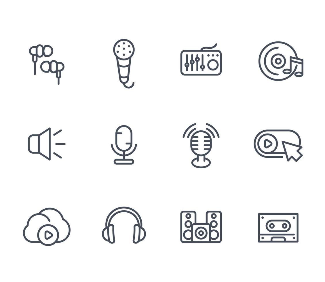 audio line icons, sound mixing, microphones, recording, earbuds, headphones, speakers, cassette tape pictograms on white vector