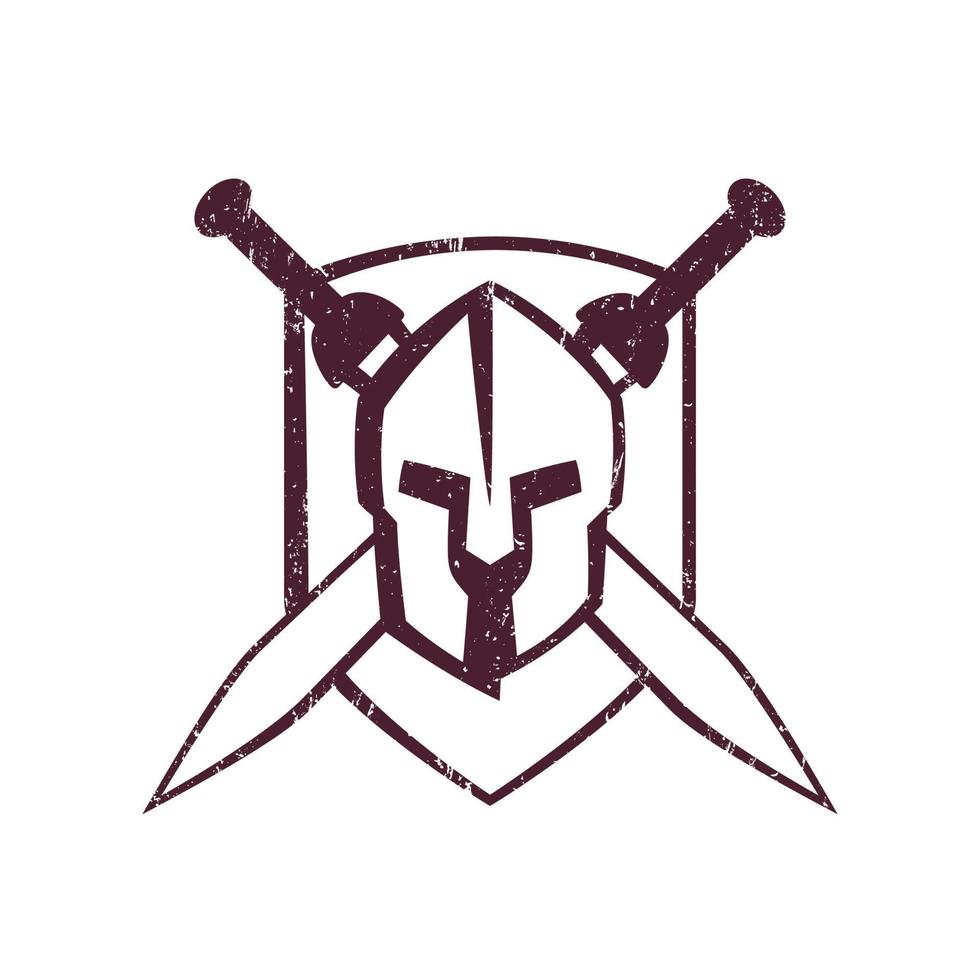 casco espartano con espadas cruzadas en el escudo vector
