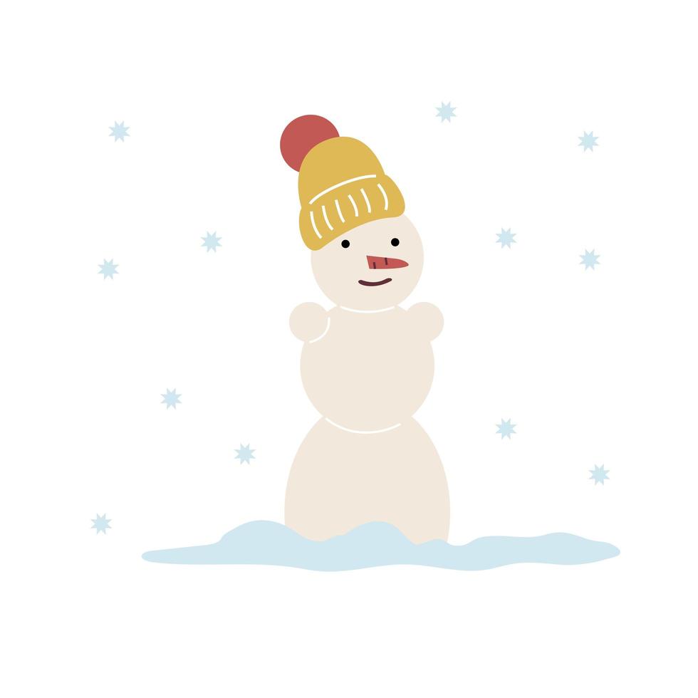Cute cartoon snowman standing in the snow, winter park, smiling. The character for New Year winter design. Simple vector illustration in flat style isolated on white background