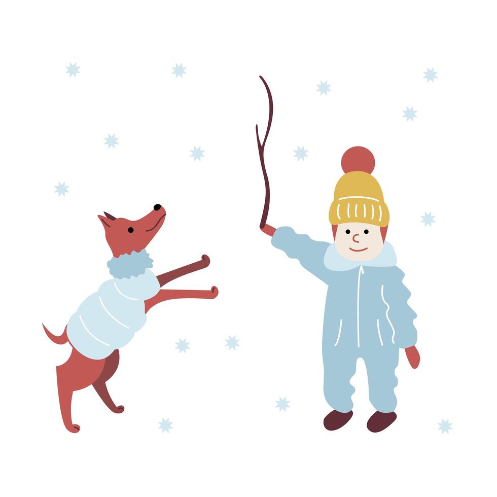 A child on a winter walk playing with a dog with a stick. The puppy having fun with the baby in warm winter clothes. Vector illustration in flat style isolated on white background