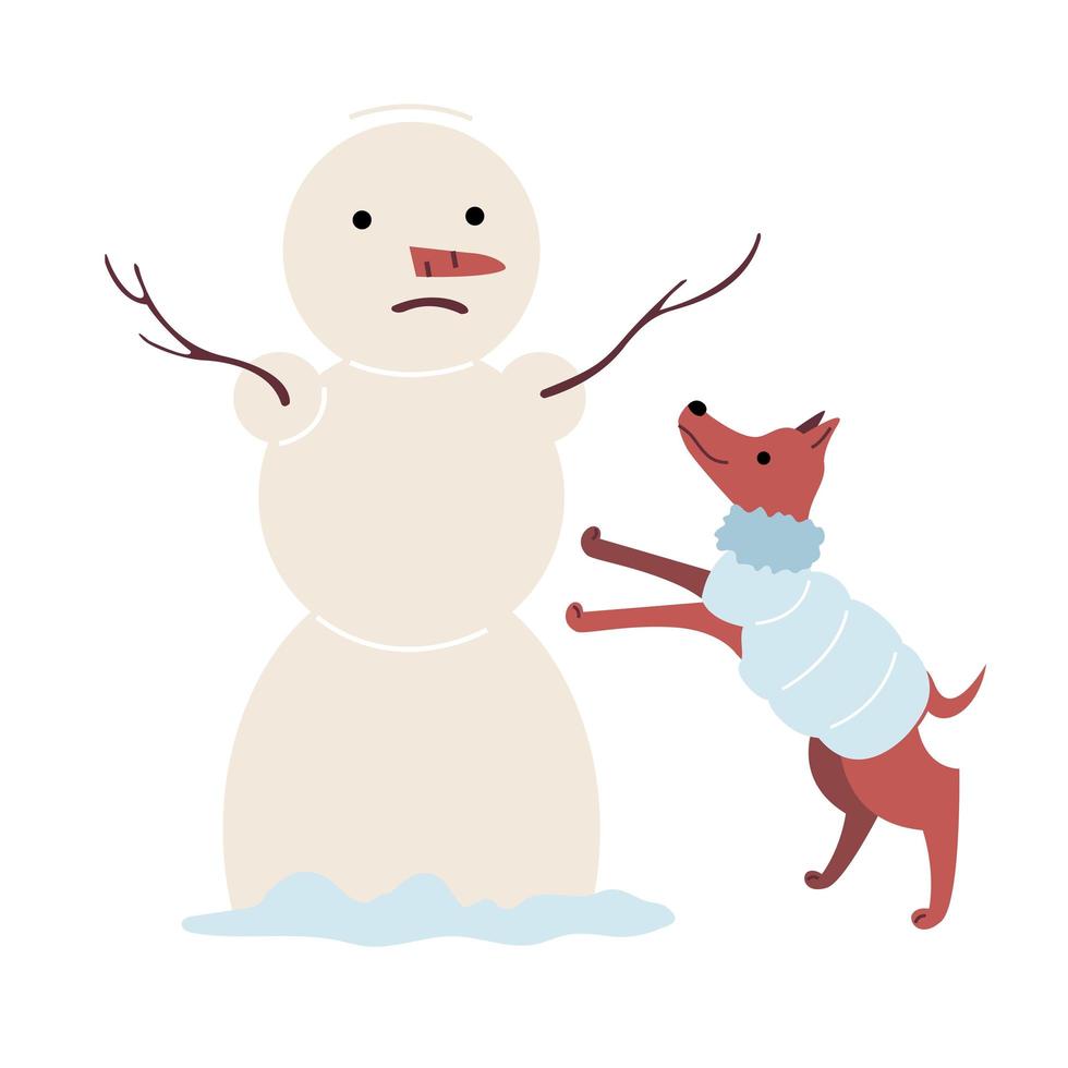 Winter park, a dog in a down jacket plays with a snowman. The snowman was scared and displeased. Winter vector illustration in flat style for poster, cards, invitations, banners, brochures, t-shirts