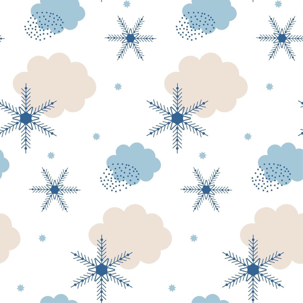 Blue and white Winter Abstract seamless Pattern with clouds and snowflakes. Trendy hand drawn textures Winter-time Background. Snowy Abstractive design for paper, fabric, interior decor vector