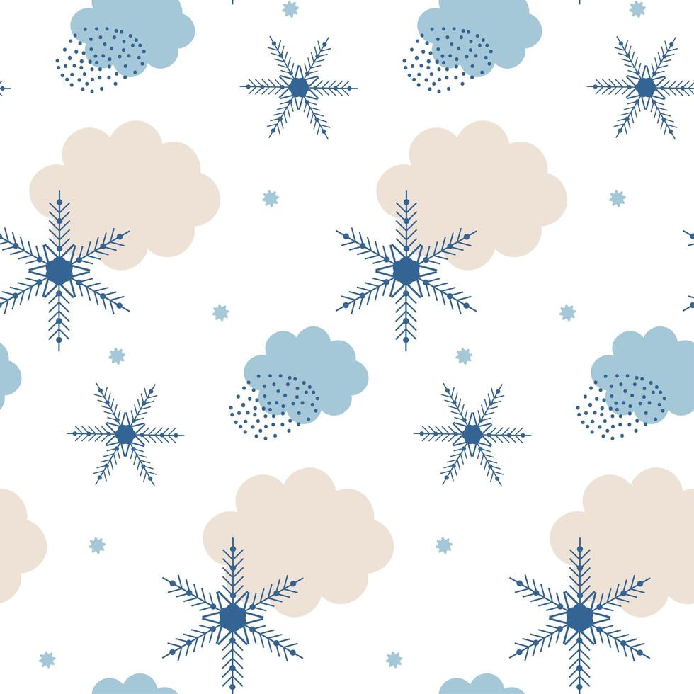 Patrón transparente abstracto de invierno azul y blanco con nubes y copos de nieve. Fondo de invierno de texturas dibujadas a mano de moda. diseño abstracto nevado para papel, tela, decoración de interiores vector