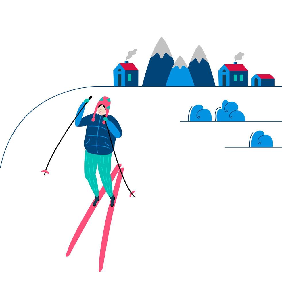 Winter sport Skiing. A person is Skier in the mountains in Winter-time day. Mountain resort landscape background. Ski and warm Sportswear. Girl in winters clothes. Flat, vector cartoon illustration