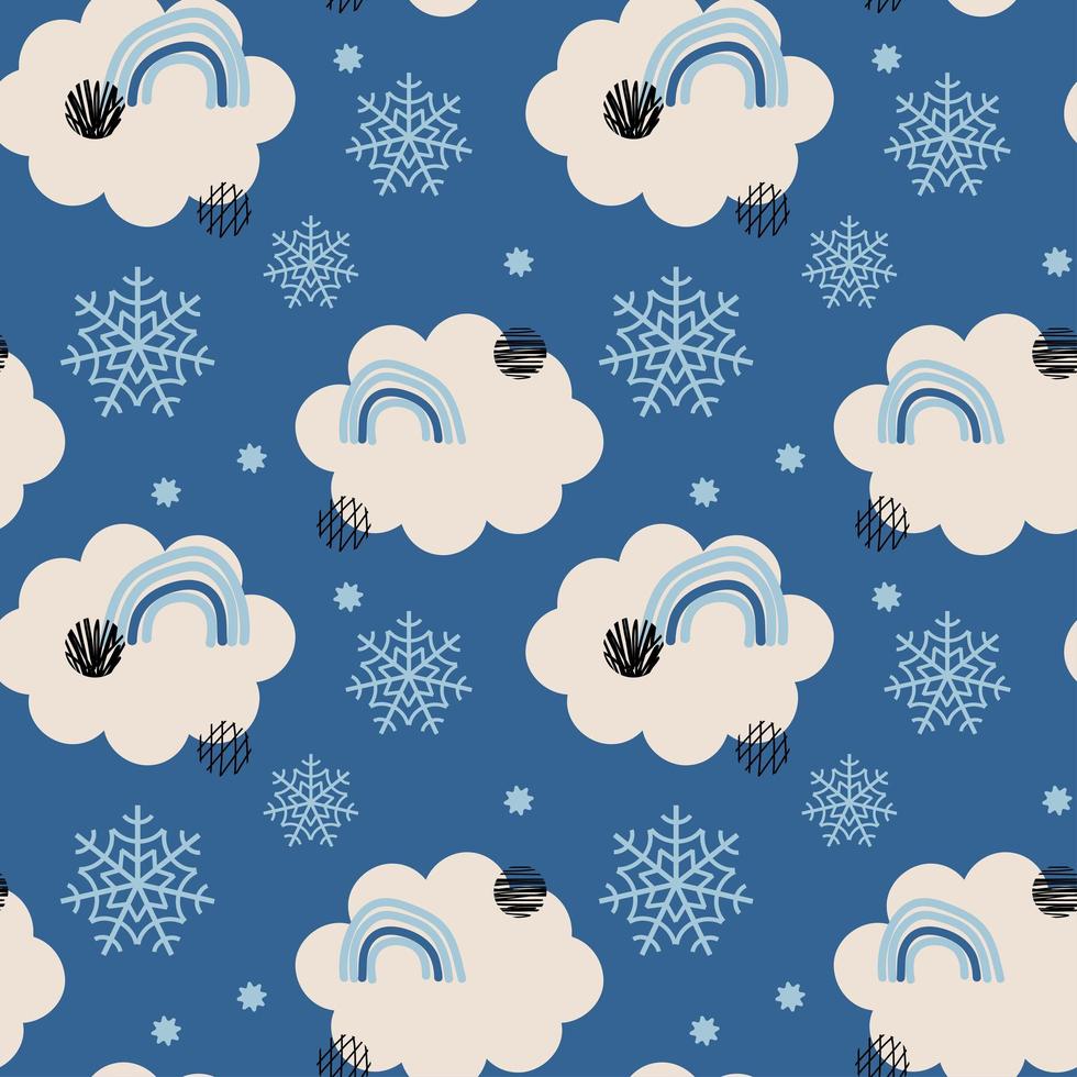 Blue Winter Abstract seamless Pattern with snowflakes, clouds, rainbow. Trendy hand drawn textures Winter-time Background. Snowy Abstractive design for paper, fabric, interior decor, wrapping, textile vector