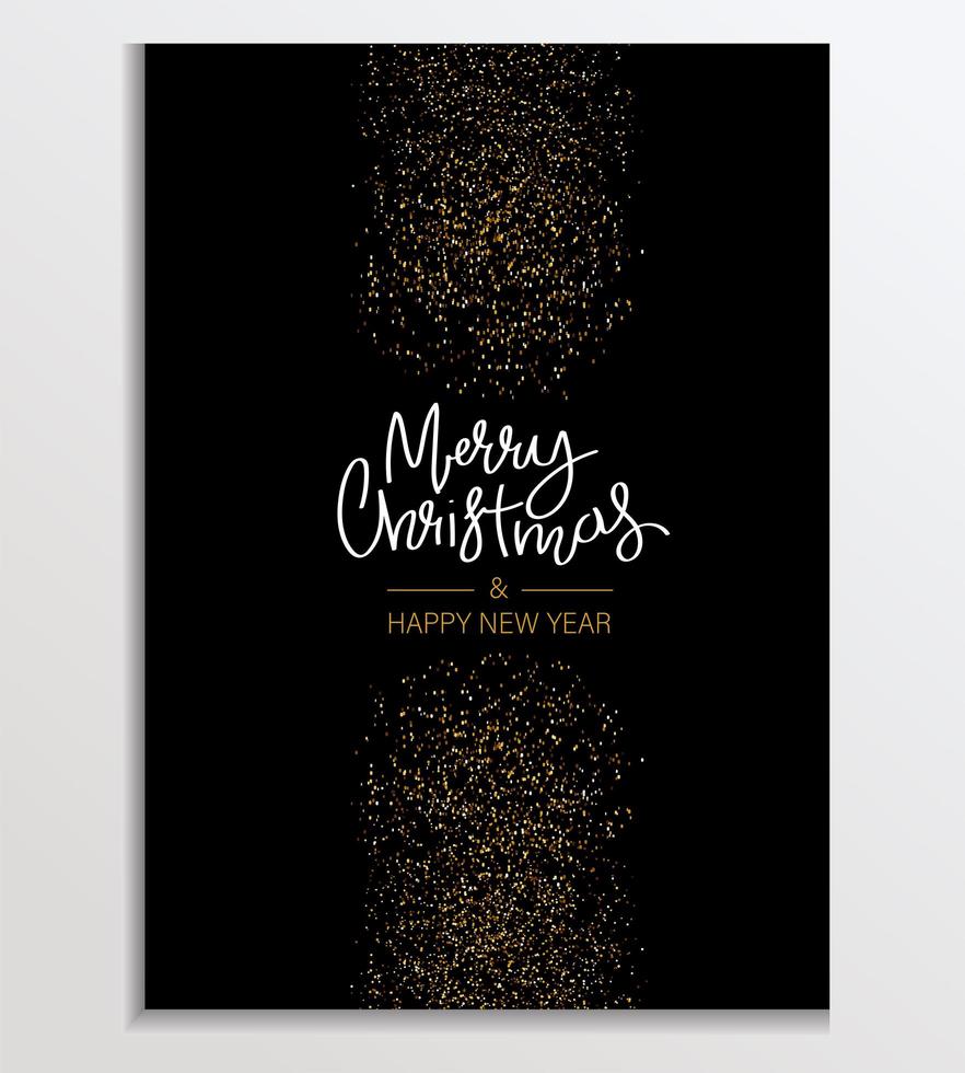 Gold Glitter card with confetti or fireworks. Lettering Merry Christmas and Happy New Year. Glittery Background, Greeting or corporate card, poster, holiday cover. Glittering vector illustration