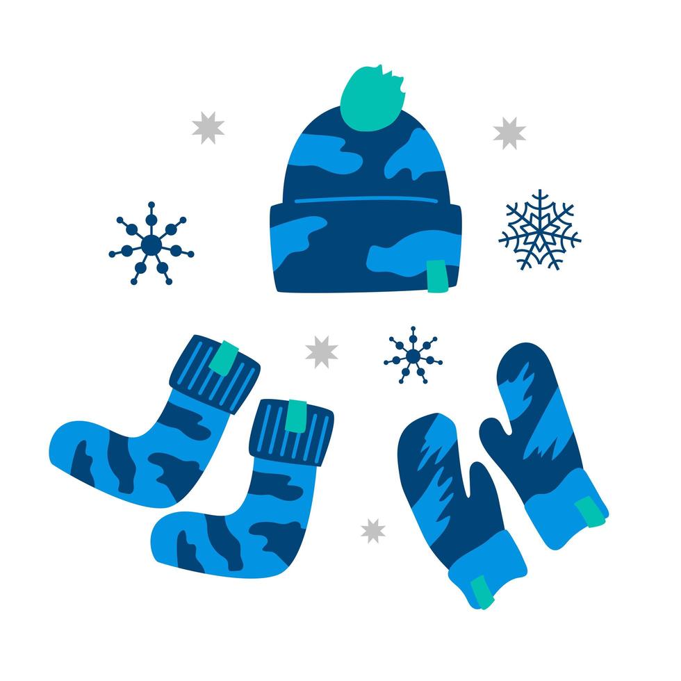 Blue set winter warm sportswear and accessories, mittens, hat and socks. Clothed flat vector cartoon illustration of winter-time activity isolated on white background