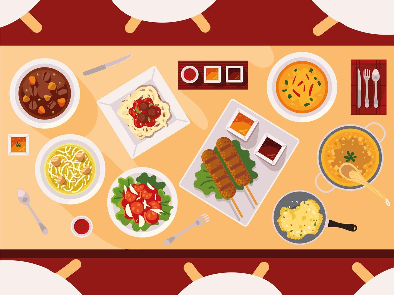 variety of food at communal table vector