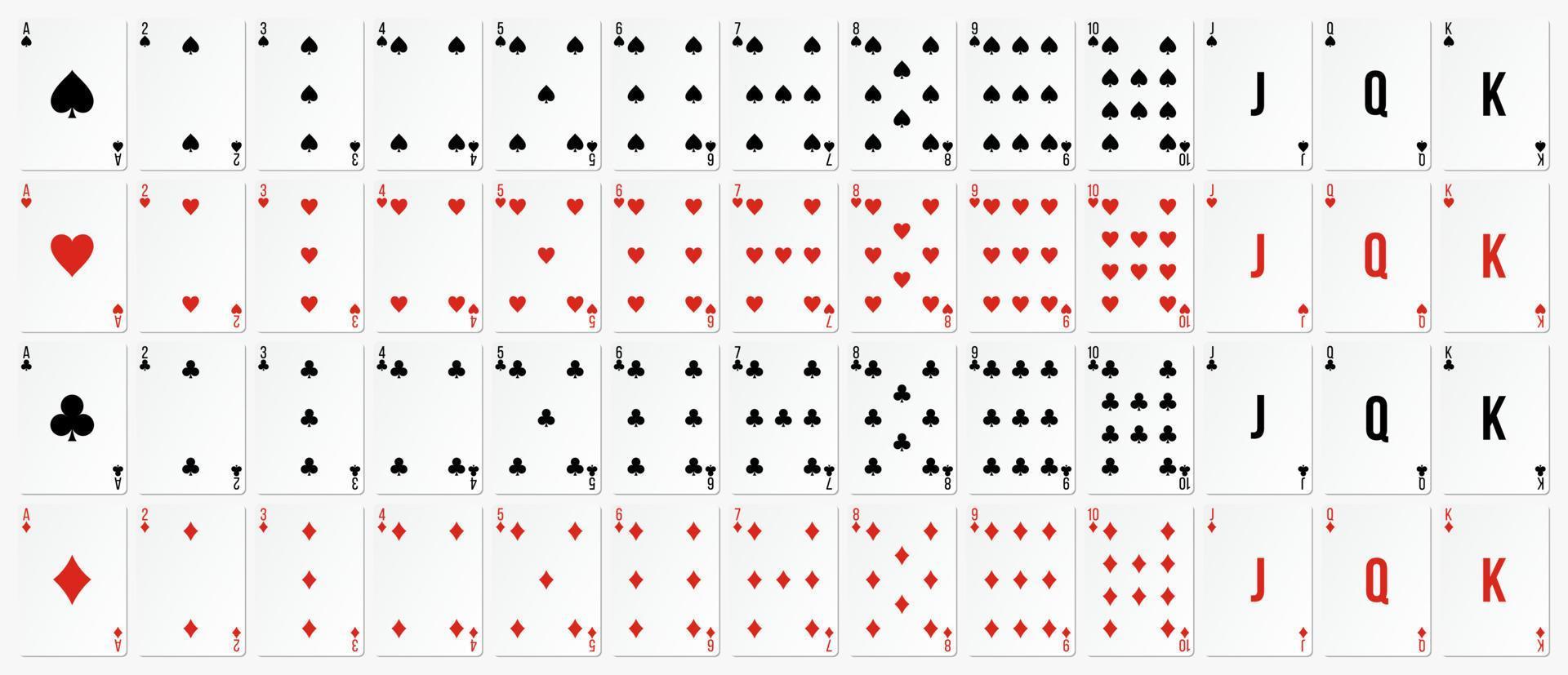 juego de cartas establece espadas corazones clubes diamantes ilustración vectorial. vector