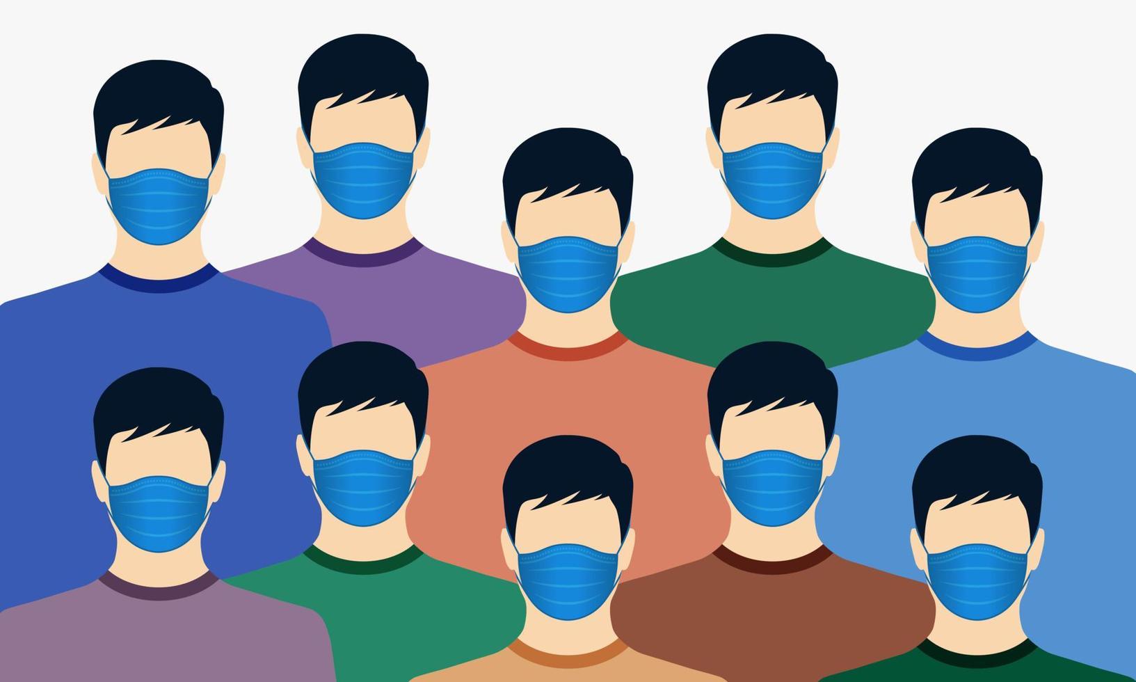 groups of people wearing masks. crowd vector illustration.
