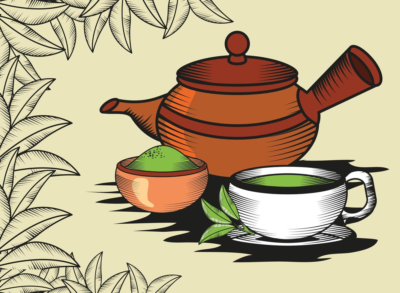 matcha tea pot and cup vector