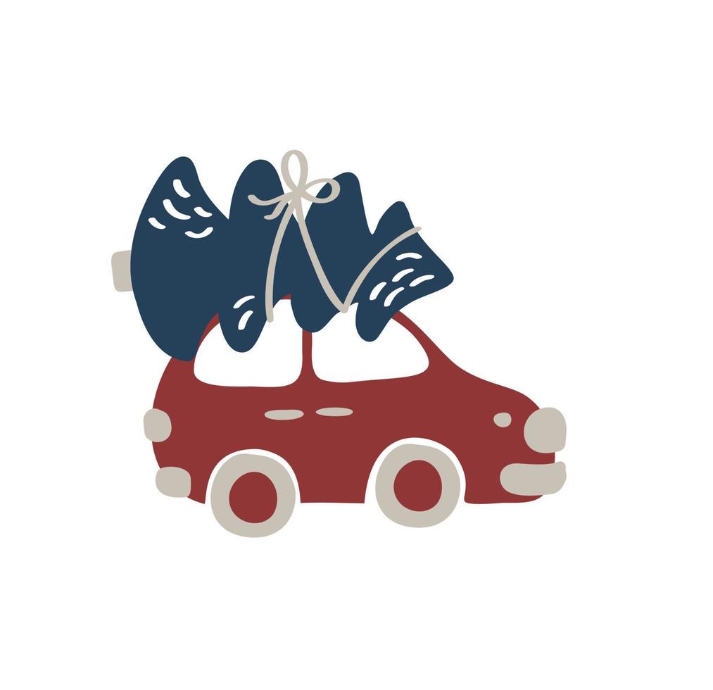 Vector hand drawn red car with Christmas tree on white isolated background. Scandinavian cute illustration for kids design textile, greeting card, holiday poster