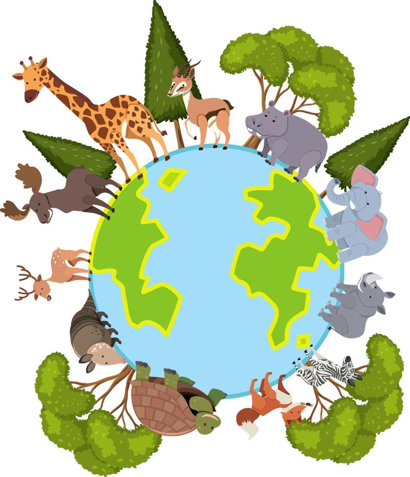 African animals standing on the earth planet in flat style vector