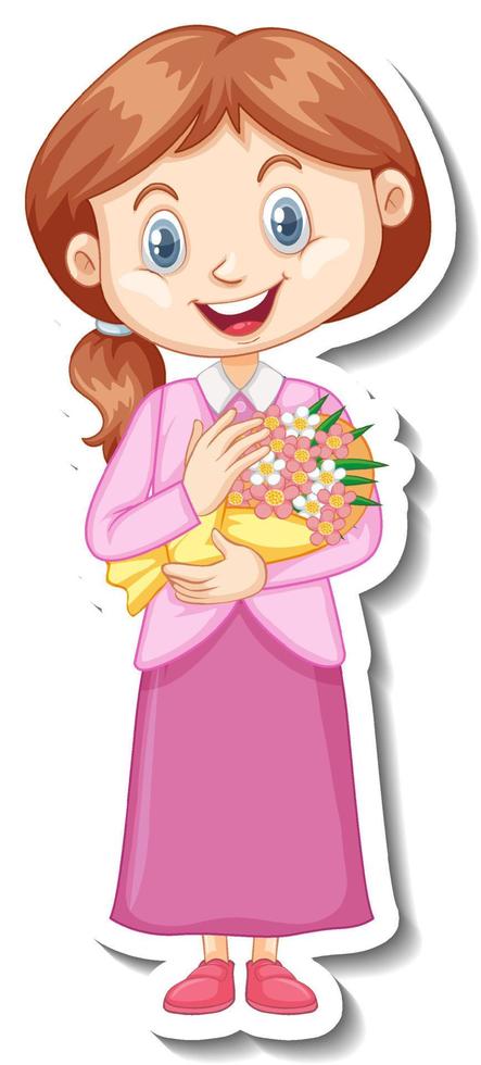 A girl holding flower bouquet cartoon character vector