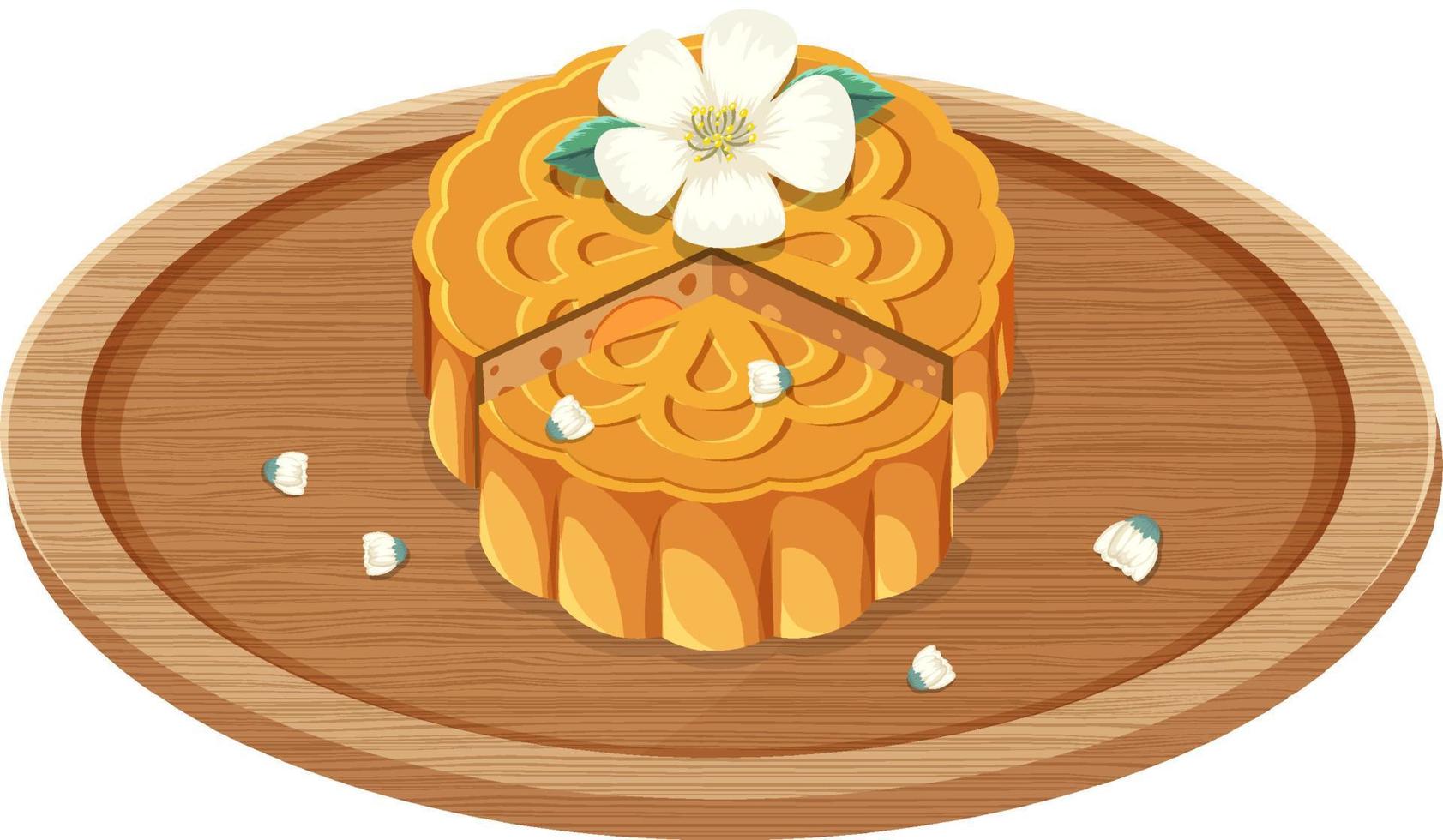 Flower mooncake on wooden plate vector