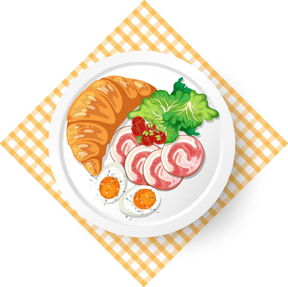 Breakfast croissant with meat and boiled egg on white plate vector