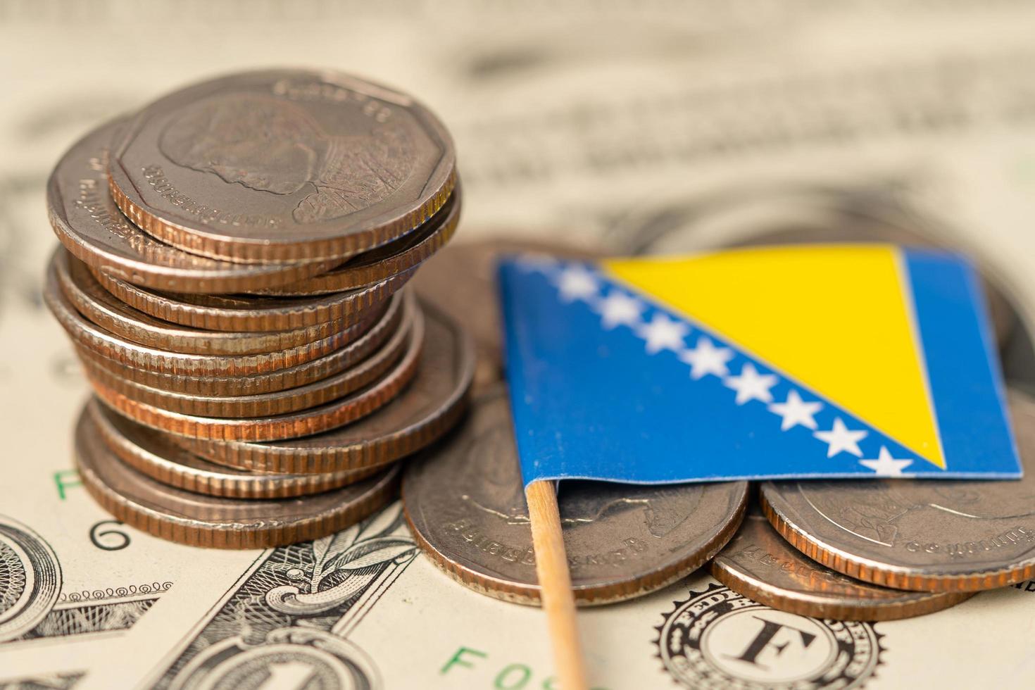 Bandera de Bosnia y Herzegovina en el concepto de fondo, negocios y finanzas de monedas. foto