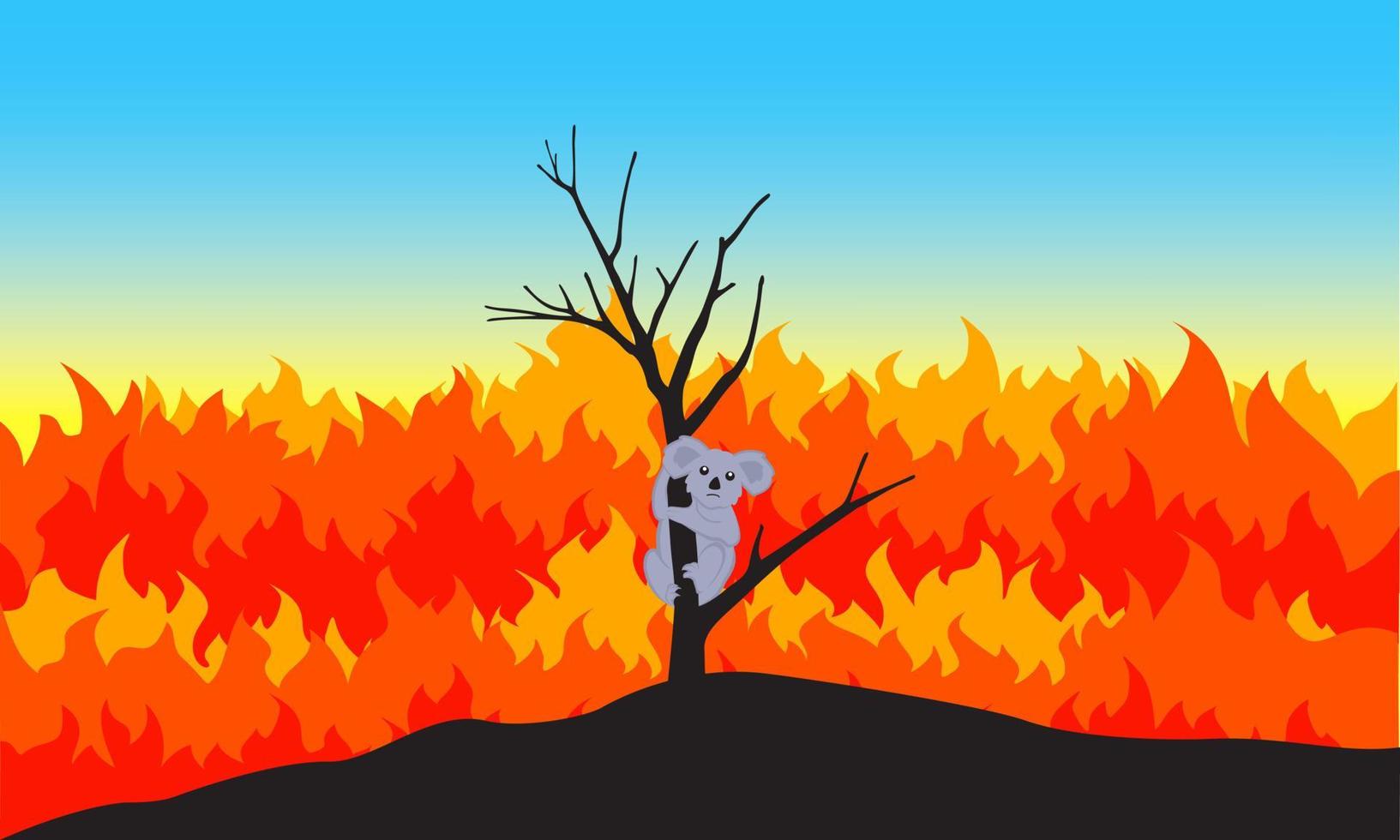 koala climbs a tree caught in a forest fire. graphic design illustration. vector