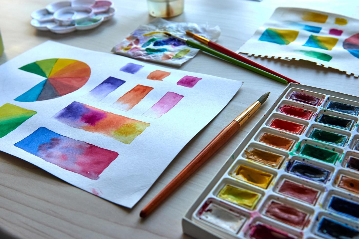 Artist's Workplace. Art Supplies Brushes, Paints, Watercolors. Art Studio. Drawing Lessons. Creative Workshop. Design Place. Watercolor Color Wheel And Palette. Color Theory Beginner Hobby Lessons 4639967 Stock Photo At Vecteezy