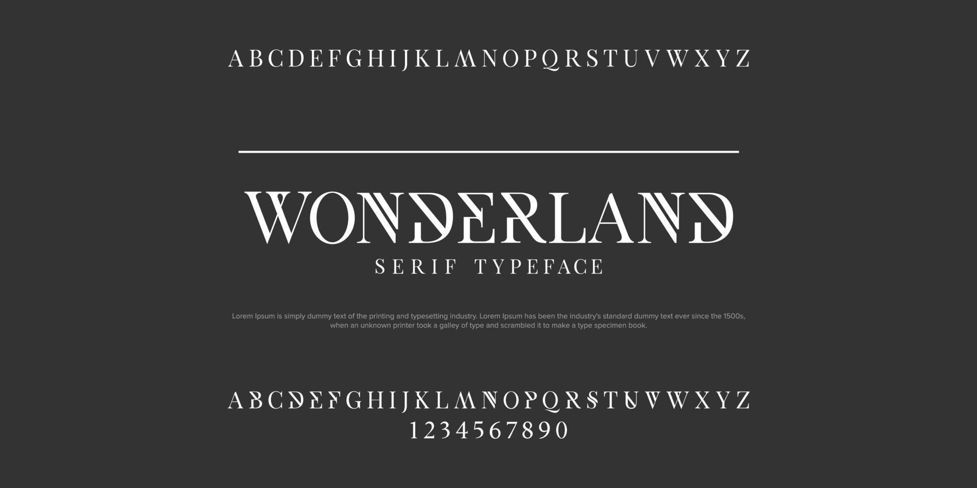 Wonderland Serif classic design font vector illustration of alphabet letters.