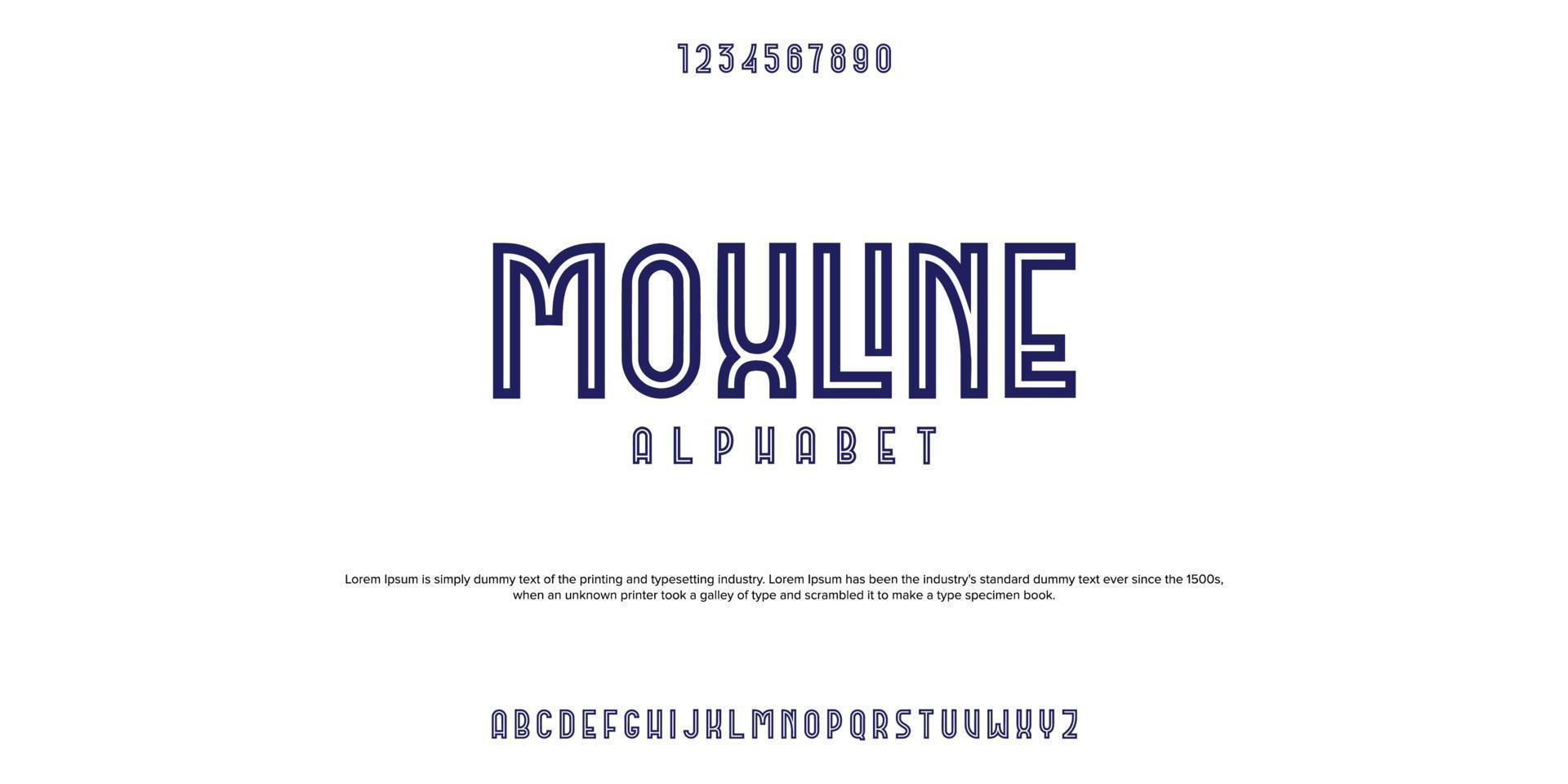 Alfabeto vectorial moxline, fuente rústica con línea en el medio con sombra vector