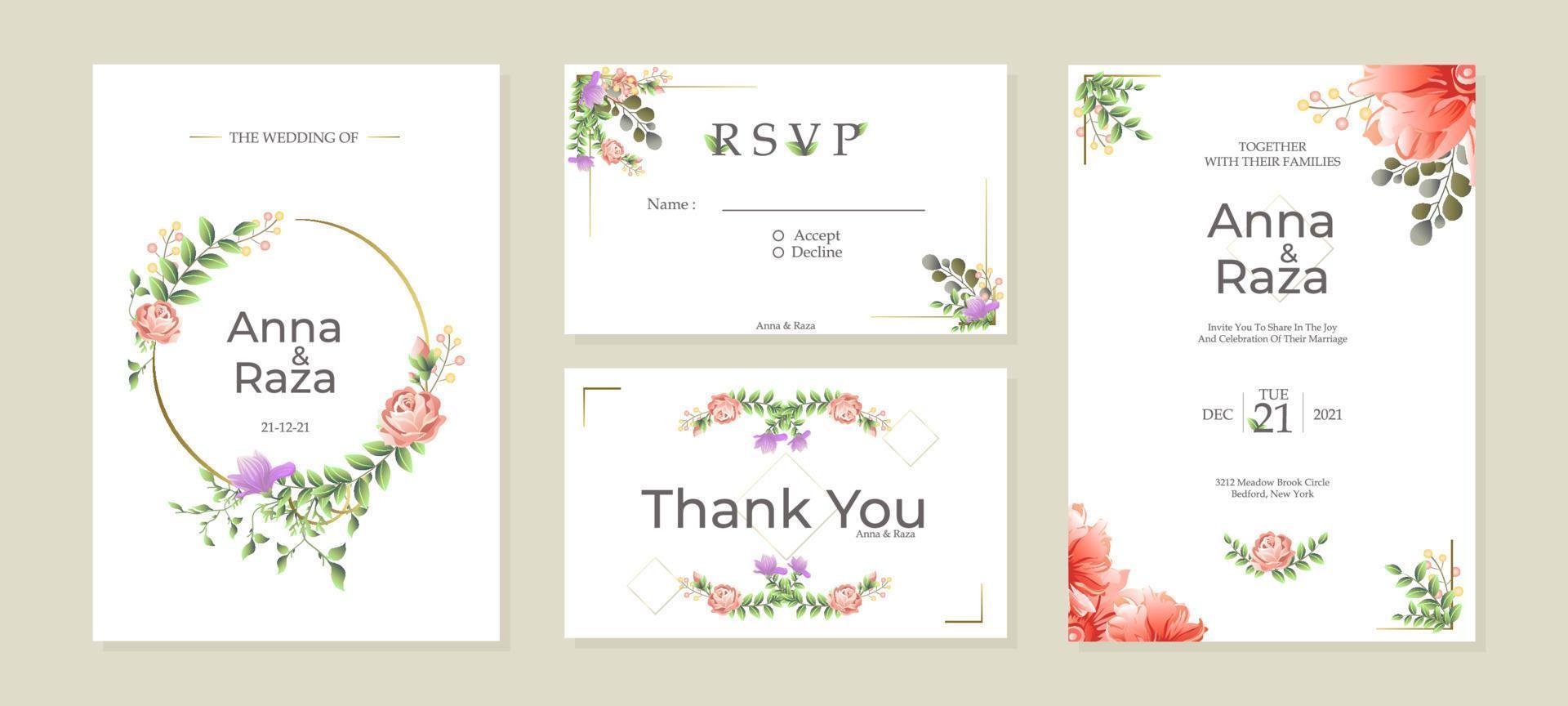 plantilla de invitación de boda floral y hojas vector