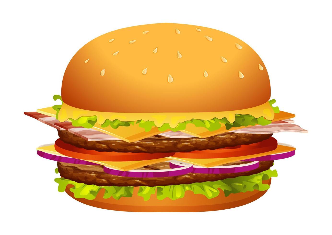 Burger Cheeseburger with Red Tomato Salad Beef Onion and Sauce Close Up Isolated on White Background. Fast food Hamburger vector