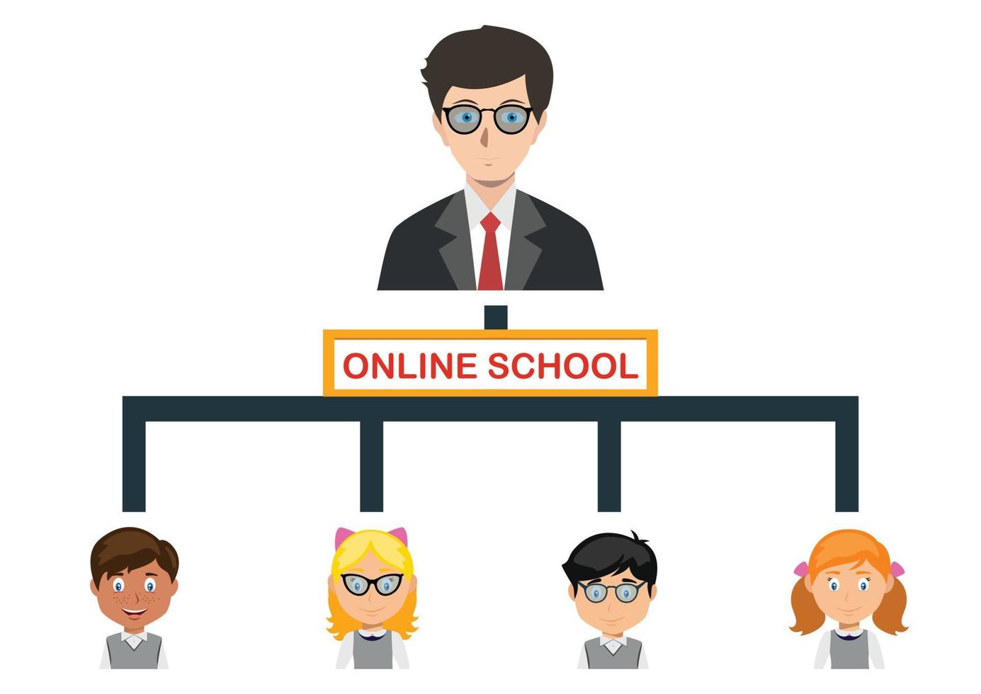 Online School. Pupils and Teacher studying online vector