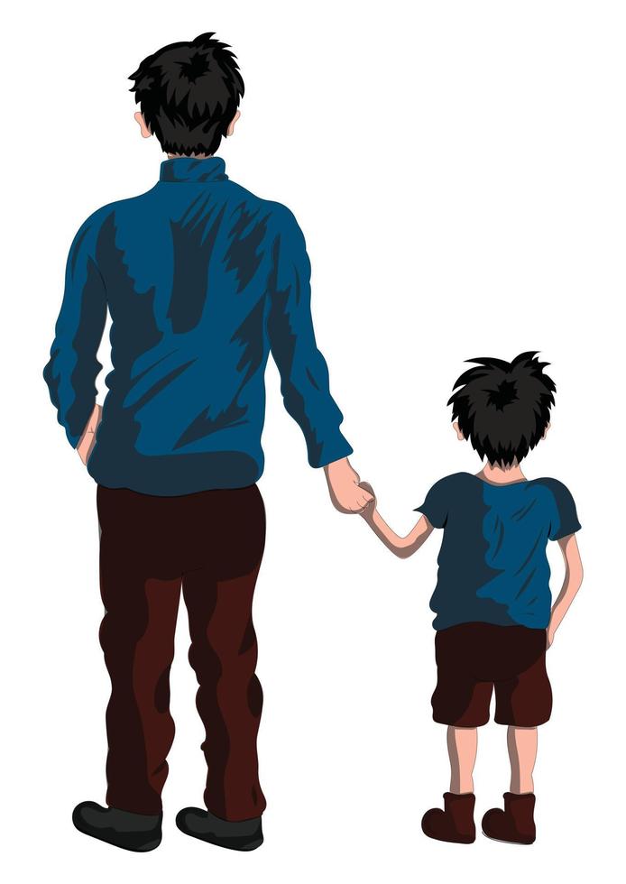 Father holding his son by the hand. Vector Illustration of Dad and Son isolated on white background