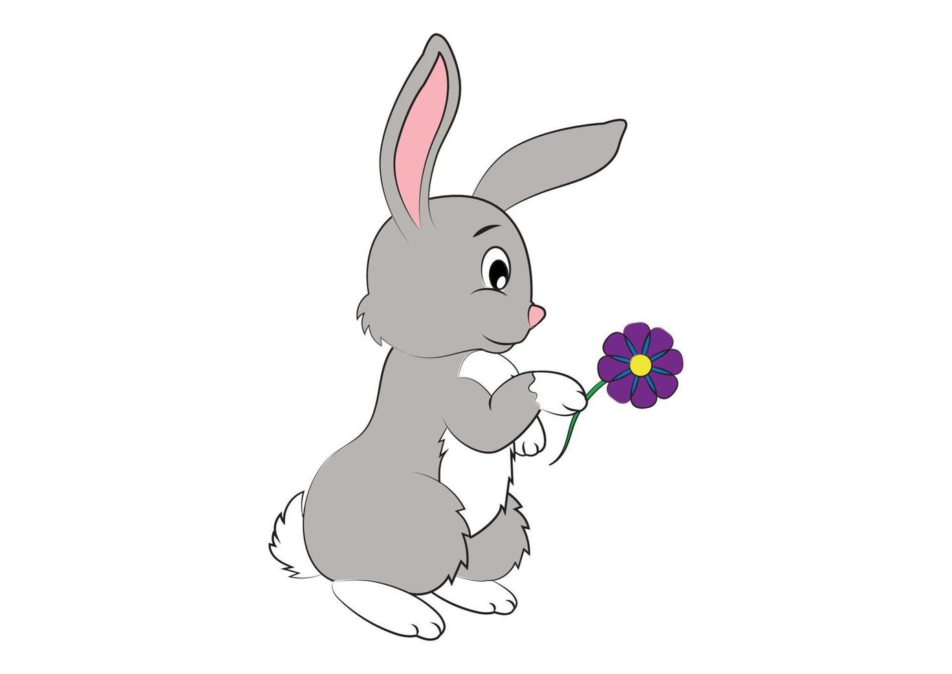 Cute rabbit holds a flower in his hand. Vector illustration of cartoon bunny