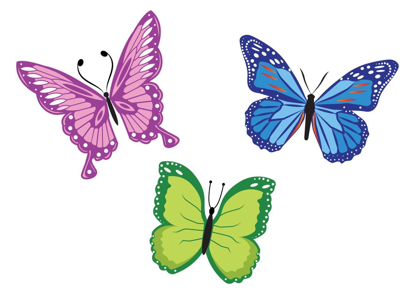 Conjunto de tres coloridas mariposas ilustración vectorial de tres coloridas mariposas aisladas sobre fondo blanco. vector