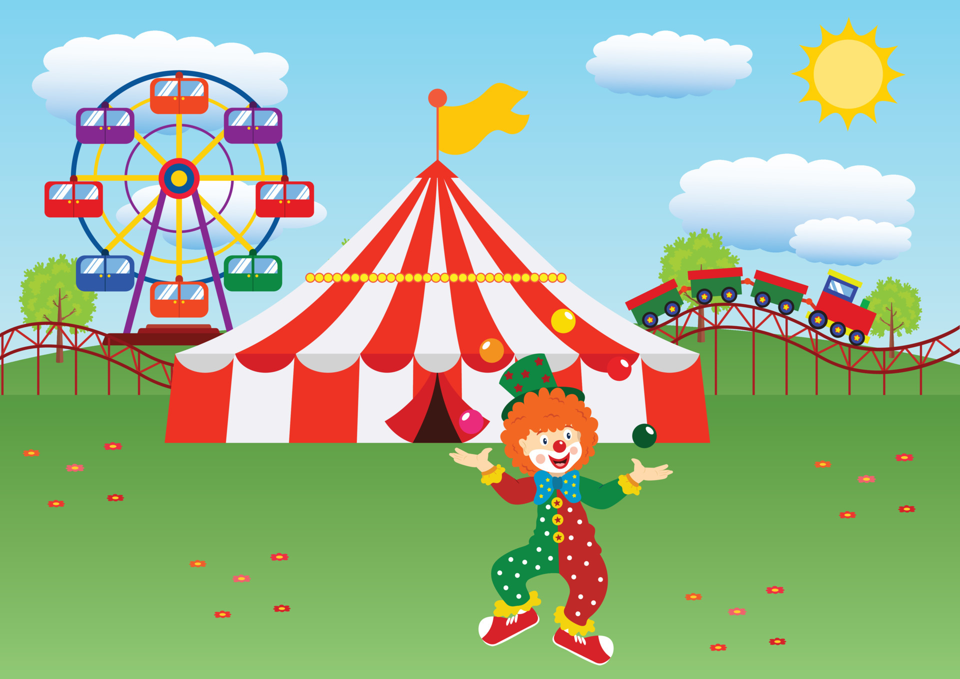 Cartoon Carnival. Cartoon Train, Cartoon Carnival Tent, Circus Wheel, Cartoon Clown 4641974 Vector Art at Vecteezy Cartoon Carnival. Cartoon Train, Cartoon Carnival Tent, Circus Wheel, Cartoon Clown 4641974 Vector Art at Vecteezy