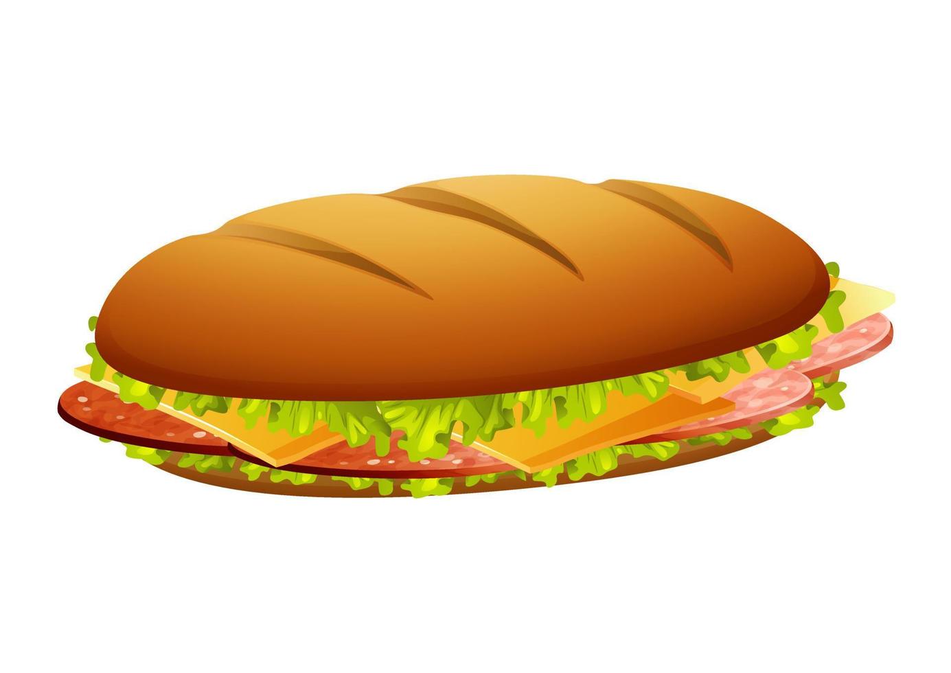 Vector illustration of salami sandwich on a white background. Bread, slices of salami, cheese and lettuce