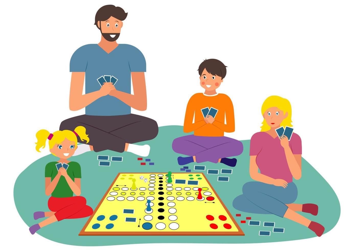 Family night game home activities. People are having fun at home playing card games on the floor. Spend time family. Board Game vector