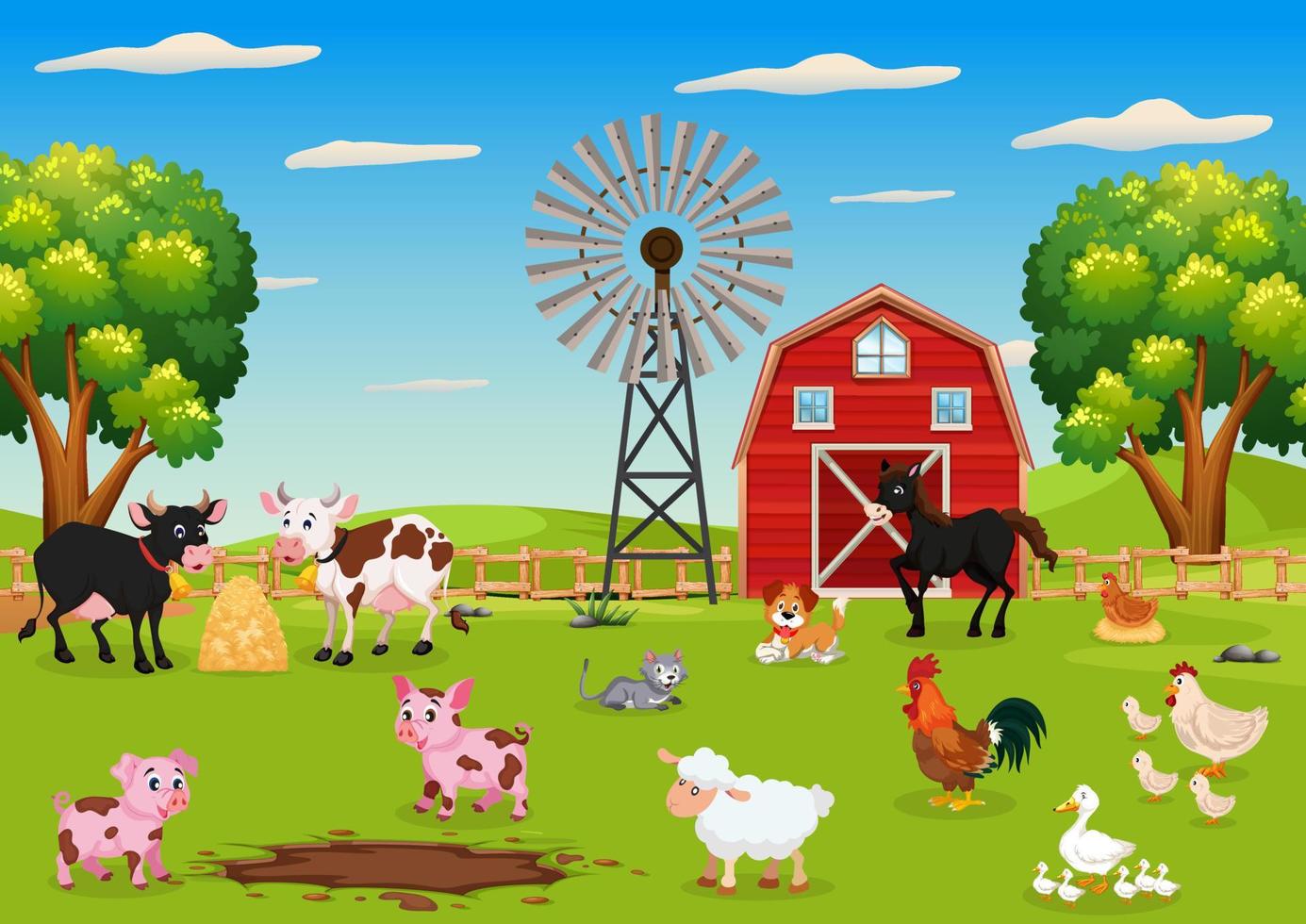 Cartoon illustration of group of farm animals. Scenic farm animals, cow, pig, horse, chicken, hen, duck, sheep, cat, dog vector