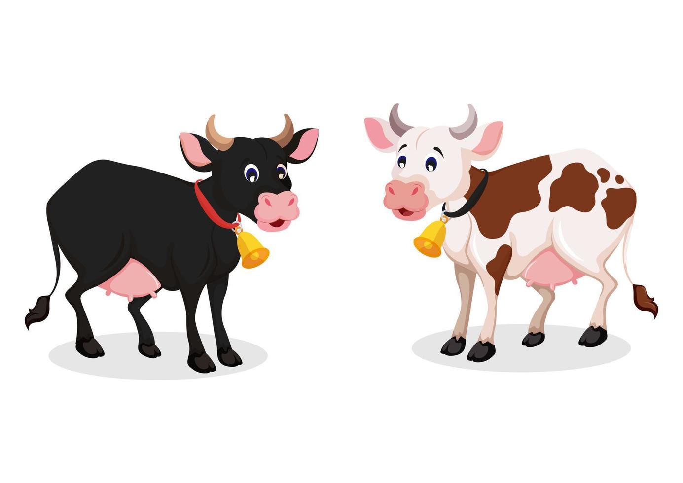 Two different colored cows isolated on white background. Cartoon Cow vector illustration. Farm animal